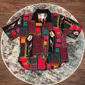 Vintage 80s Just For Petites Abstract Geometric Floral Button Shirt P/Medium
